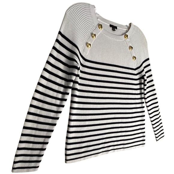 Talbots Cream Navy Nautical Crewneck Breton Stripe Sweater Sz S 100% Pima Cotton - Picture 4 of 15